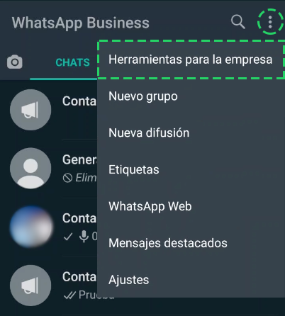 Elegir opción herramientas para la empresa de WhatsApp Business.